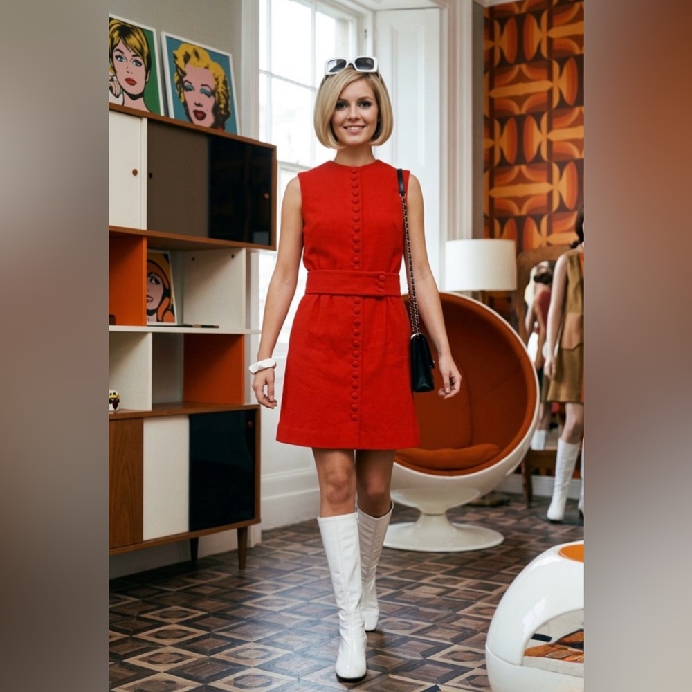 60s Vintage Vibrant Red Sleeveless Dress with Belt